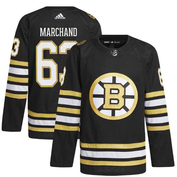 Men's Boston Bruins #63 Brad Marchand Black 100th Anniversary Primegreen Stitched Jersey Dzhi